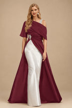 Rutipo Cabernet Unique Two Tone Asymmetrical Overskirt Crepe Satin Mother Of The Bride Dresses With Rhinestone