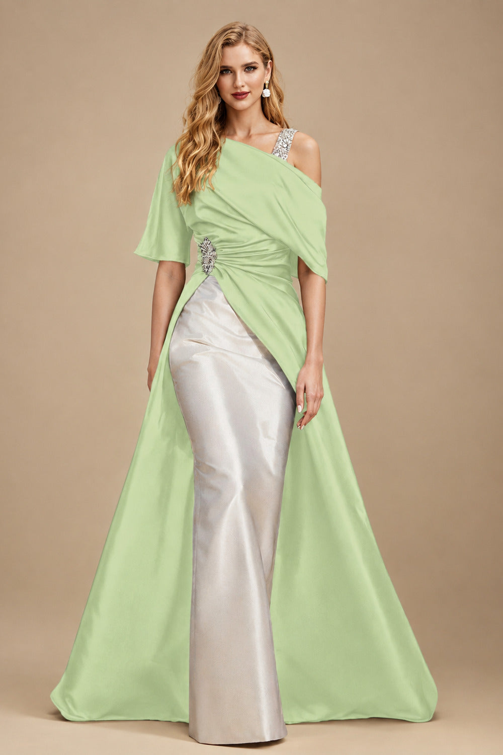 Rutipo Celadon Unique Two Tone Asymmetrical Overskirt Crepe Satin Mother Of The Bride Dresses With Rhinestone