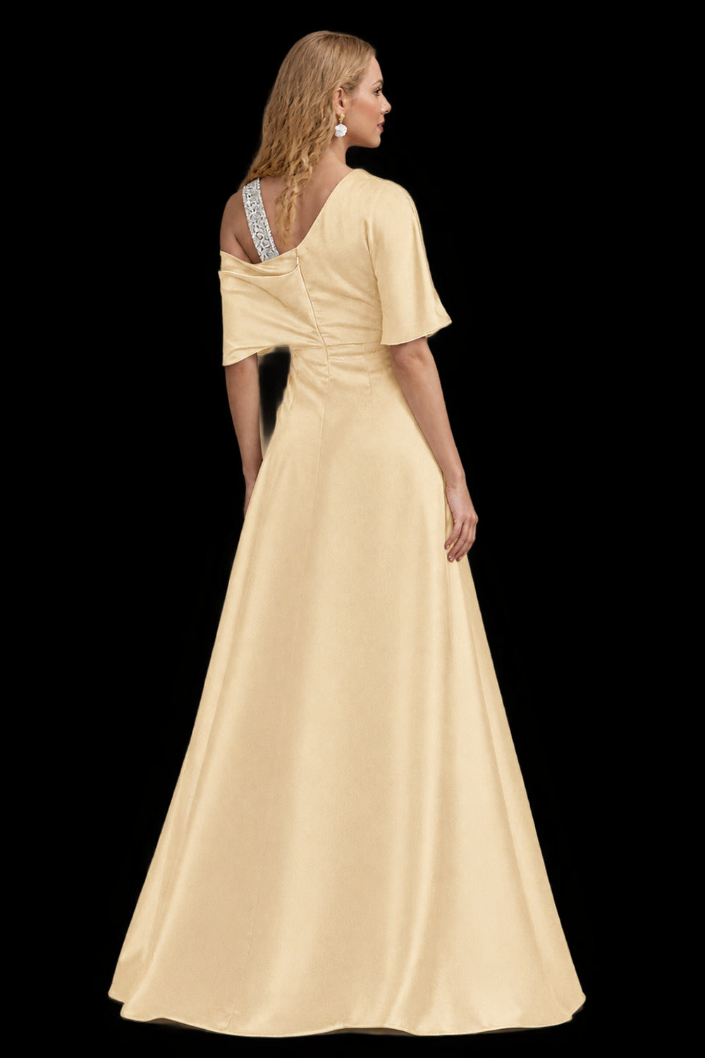 Rutipo Champagne Unique Two Tone Asymmetrical Overskirt Crepe Satin Mother Of The Bride Dresses With Rhinestone