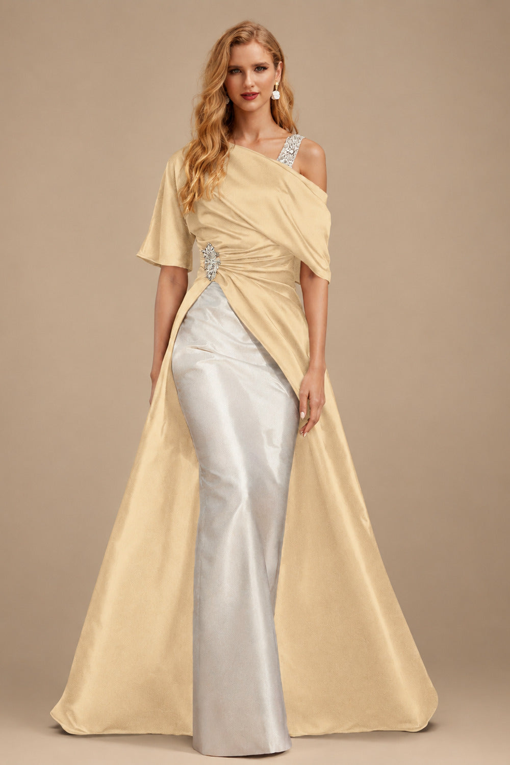 Rutipo Champagne Unique Two Tone Asymmetrical Overskirt Crepe Satin Mother Of The Bride Dresses With Rhinestone