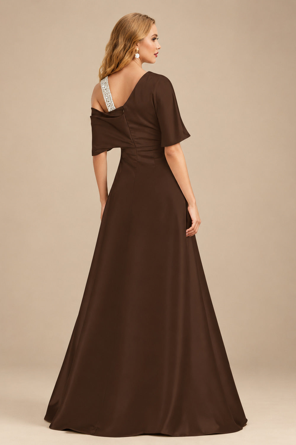 Rutipo Chocolate Unique Two Tone Asymmetrical Overskirt Crepe Satin Mother Of The Bride Dresses With Rhinestone