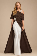 Rutipo Chocolate Unique Two Tone Asymmetrical Overskirt Crepe Satin Mother Of The Bride Dresses With Rhinestone