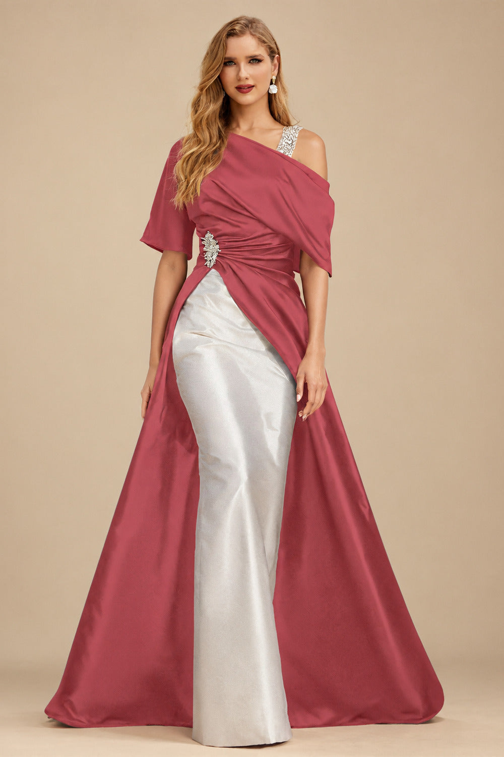 Rutipo Cinnamon Rose Unique Two Tone Asymmetrical Overskirt Crepe Satin Mother Of The Bride Dresses With Rhinestone