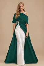 Rutipo Dark Green Unique Two Tone Asymmetrical Overskirt Crepe Satin Mother Of The Bride Dresses With Rhinestone