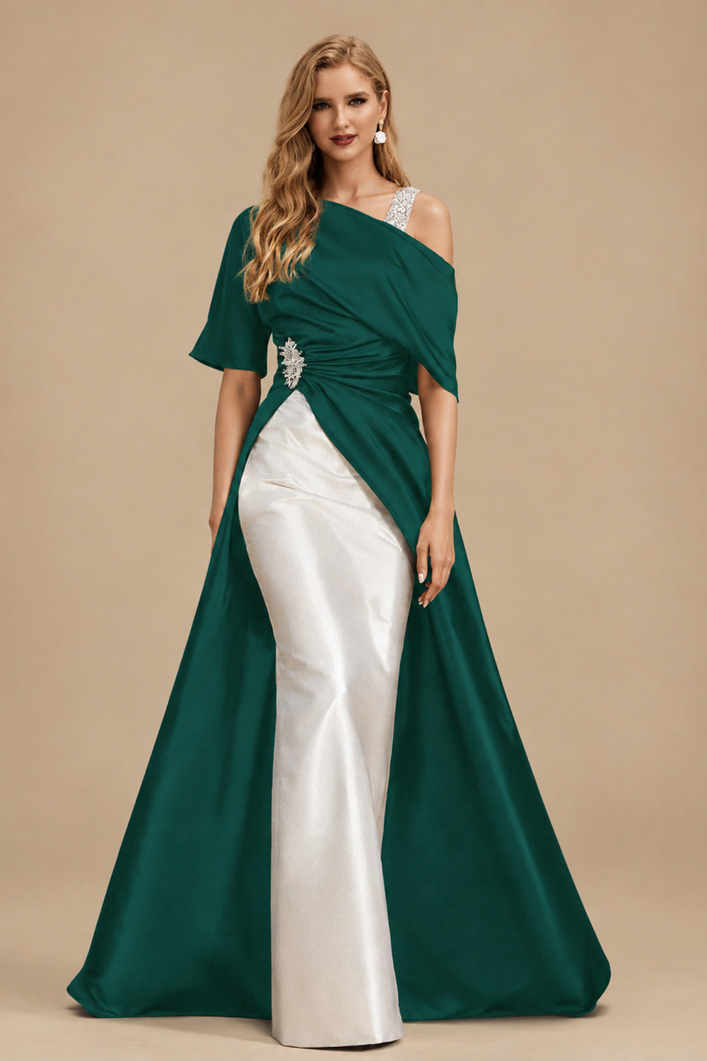 Rutipo Dark Green Unique Two Tone Asymmetrical Overskirt Crepe Satin Mother Of The Bride Dresses With Rhinestone