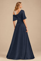 Rutipo Dark Navy Unique Two Tone Asymmetrical Overskirt Crepe Satin Mother Of The Bride Dresses With Rhinestone