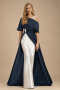 Rutipo Dark Navy Unique Two Tone Asymmetrical Overskirt Crepe Satin Mother Of The Bride Dresses With Rhinestone