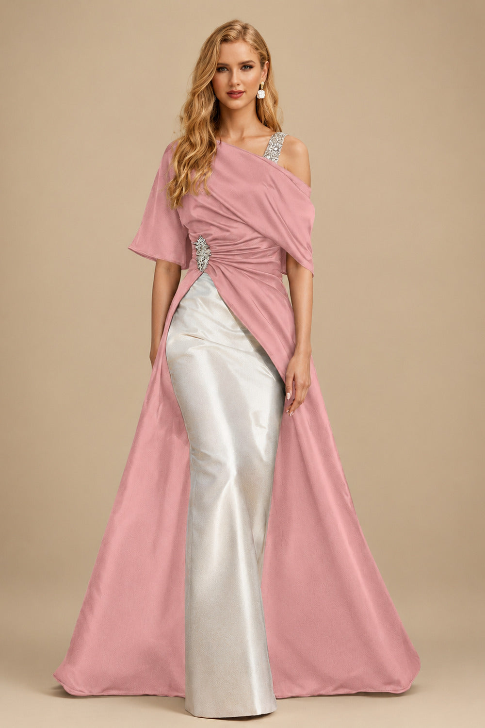 Rutipo Dusty Rose Unique Two Tone Asymmetrical Overskirt Crepe Satin Mother Of The Bride Dresses With Rhinestone