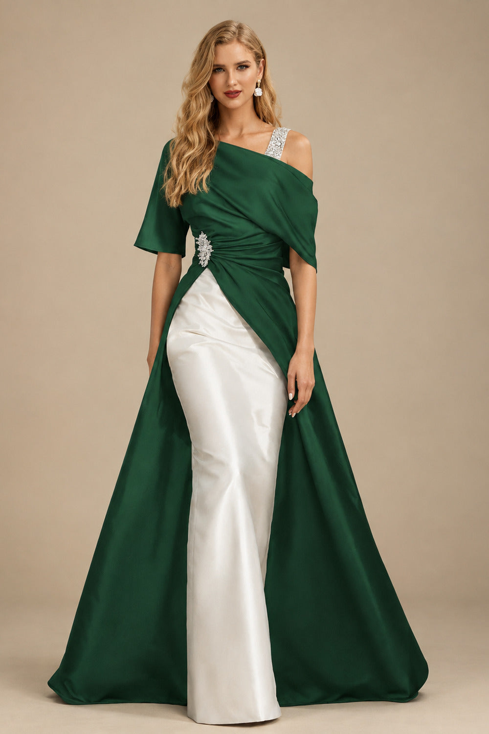 Rutipo Hunter Green Unique Two Tone Asymmetrical Overskirt Crepe Satin Mother Of The Bride Dresses With Rhinestone