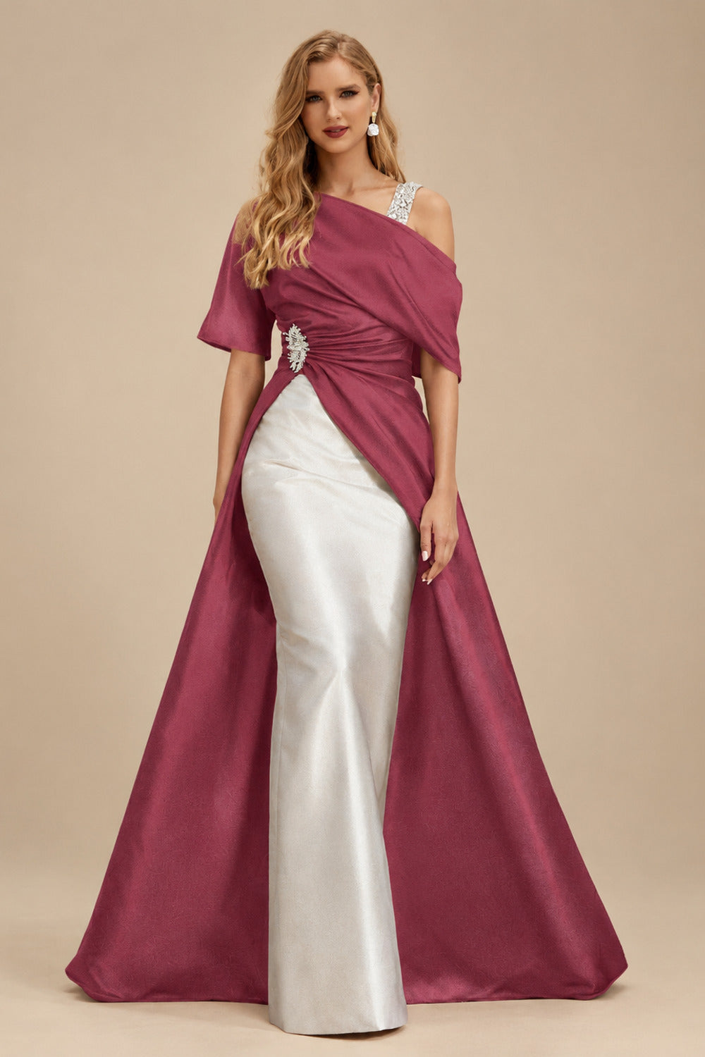 Rutipo Mulberry Unique Two Tone Asymmetrical Overskirt Crepe Satin Mother Of The Bride Dresses With Rhinestone