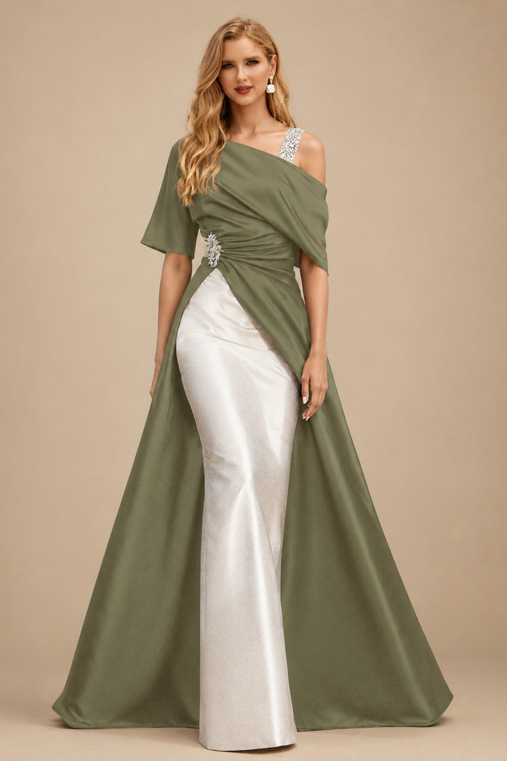 Rutipo Olive Green Unique Two Tone Asymmetrical Overskirt Crepe Satin Mother Of The Bride Dresses With Rhinestone