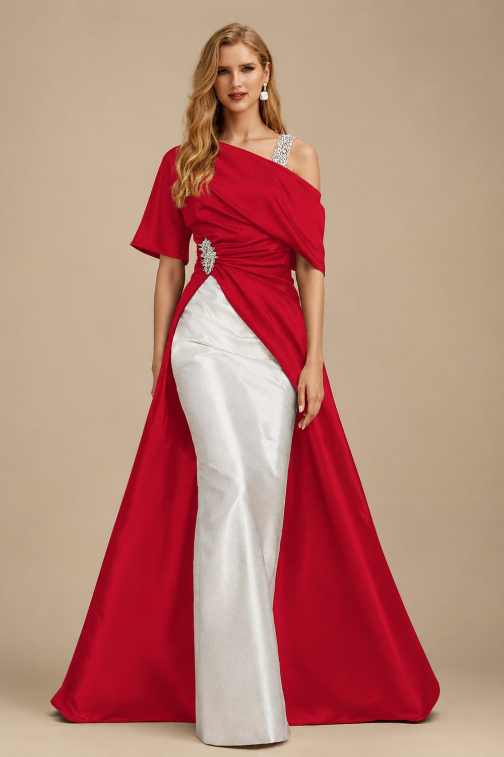 Rutipo Red Unique Two Tone Asymmetrical Overskirt Crepe Satin Mother Of The Bride Dresses With Rhinestone