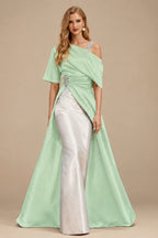 Rutipo Sage Green Unique Two Tone Asymmetrical Overskirt Crepe Satin Mother Of The Bride Dresses With Rhinestone