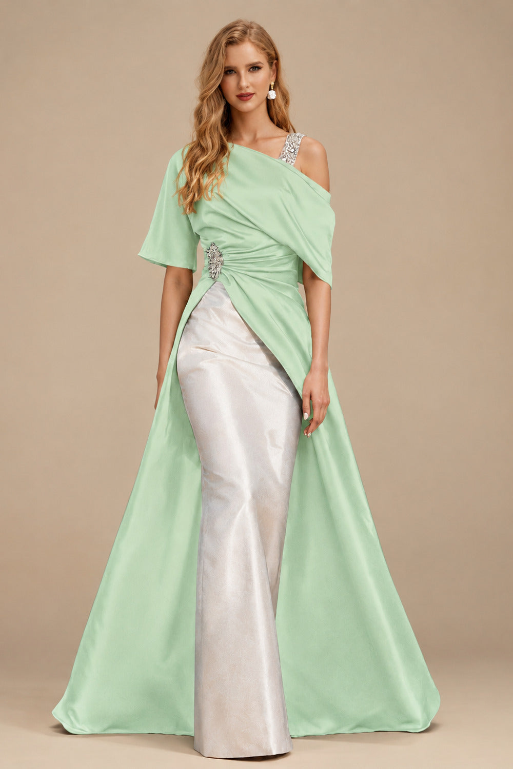 Rutipo Sage Green Unique Two Tone Asymmetrical Overskirt Crepe Satin Mother Of The Bride Dresses With Rhinestone