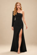 Rutipo Black A-Line One-Shoulder Long Sleeves Floor-Length Prom Dress With High Split