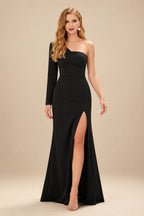 Rutipo Black A-Line One-Shoulder Long Sleeves Floor-Length Prom Dress With High Split