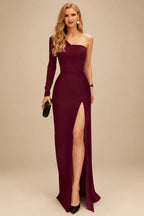 Rutipo Burgundy A-Line One-Shoulder Long Sleeves Floor-Length Prom Dress With High Split