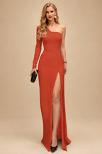 Rutipo Burnt Orange A-Line One-Shoulder Long Sleeves Floor-Length Prom Dress With High Split