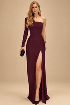Rutipo Cabernet A-Line One-Shoulder Long Sleeves Floor-Length Prom Dress With High Split