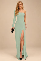 Rutipo Celadon A-Line One-Shoulder Long Sleeves Floor-Length Prom Dress With High Split