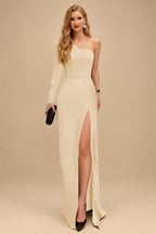 Rutipo Champagne A-Line One-Shoulder Long Sleeves Floor-Length Prom Dress With High Split