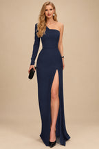 Rutipo Dark Navy A-Line One-Shoulder Long Sleeves Floor-Length Prom Dress With High Split