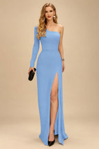 Rutipo Light Blue A-Line One-Shoulder Long Sleeves Floor-Length Prom Dress With High Split