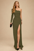 Rutipo Olive Green A-Line One-Shoulder Long Sleeves Floor-Length Prom Dress With High Split