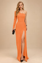 Rutipo Orange A-Line One-Shoulder Long Sleeves Floor-Length Prom Dress With High Split