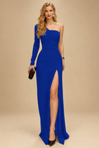 Rutipo Royal Blue A-Line One-Shoulder Long Sleeves Floor-Length Prom Dress With High Split