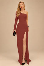 Rutipo Vermilion A-Line One-Shoulder Long Sleeves Floor-Length Prom Dress With High Split