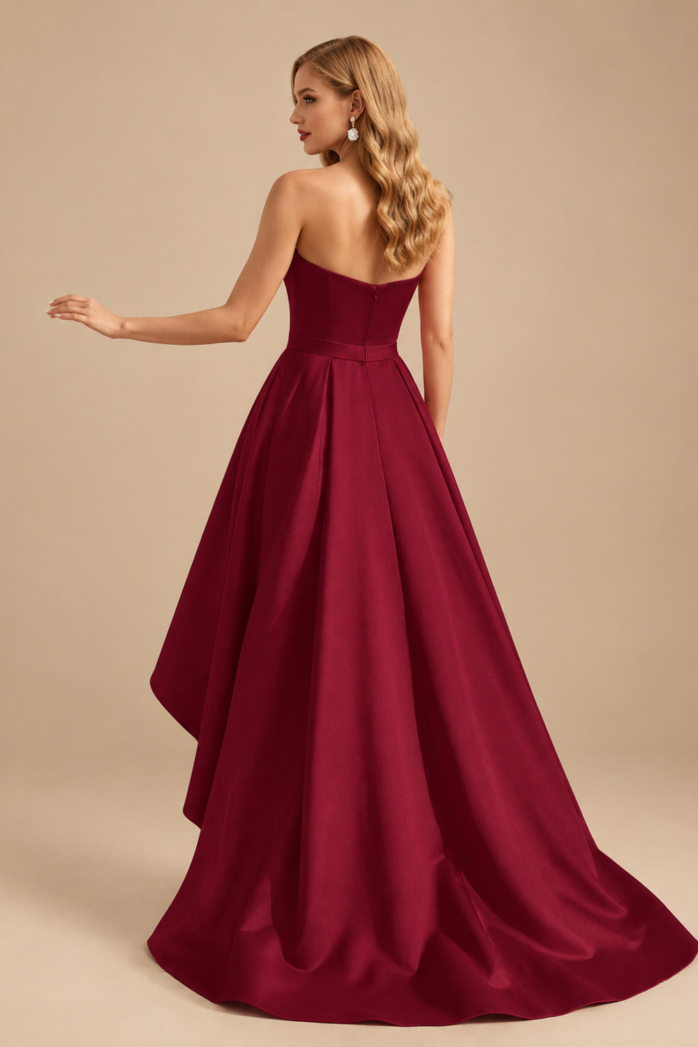 Rutipo Burgundy Ball-Gown/Princess Sleeveless Strapless Satin Asymmetrical Prom Dress With Pleated