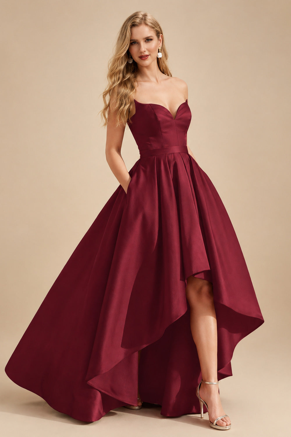Rutipo Burgundy Ball-Gown/Princess Sleeveless Strapless Satin Asymmetrical Prom Dress With Pleated