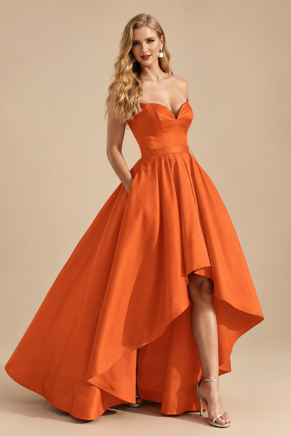 Rutipo Burnt Orange Ball-Gown/Princess Sleeveless Strapless Satin Asymmetrical Prom Dress With Pleated