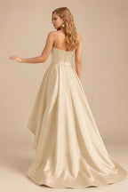 Rutipo Champagne Ball-Gown/Princess Sleeveless Strapless Satin Asymmetrical Prom Dress With Pleated