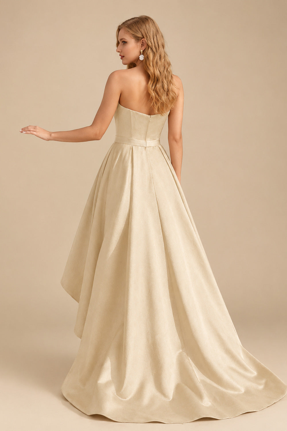 Rutipo Champagne Ball-Gown/Princess Sleeveless Strapless Satin Asymmetrical Prom Dress With Pleated