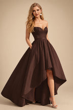 Rutipo Chocolate Ball-Gown/Princess Sleeveless Strapless Satin Asymmetrical Prom Dress With Pleated