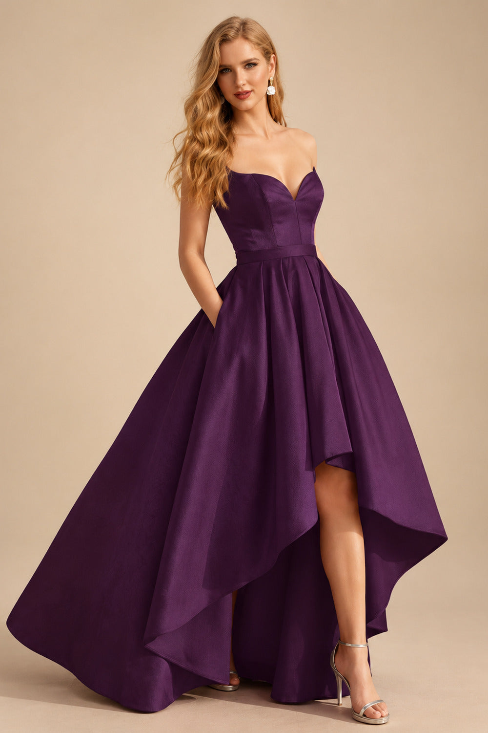 Rutipo Grape Ball-Gown/Princess Sleeveless Strapless Satin Asymmetrical Prom Dress With Pleated