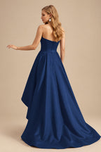 Rutipo Navy Blue Ball-Gown/Princess Sleeveless Strapless Satin Asymmetrical Prom Dress With Pleated
