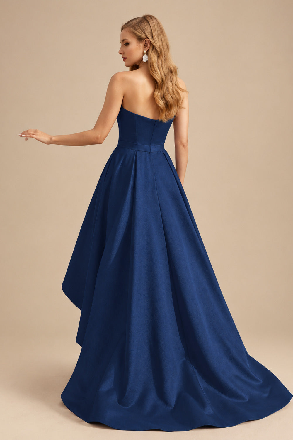 Rutipo Navy Blue Ball-Gown/Princess Sleeveless Strapless Satin Asymmetrical Prom Dress With Pleated