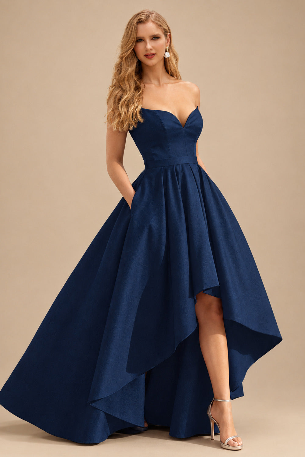 Rutipo Navy Blue Ball-Gown/Princess Sleeveless Strapless Satin Asymmetrical Prom Dress With Pleated