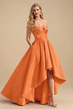 Rutipo Orange Ball-Gown/Princess Sleeveless Strapless Satin Asymmetrical Prom Dress With Pleated