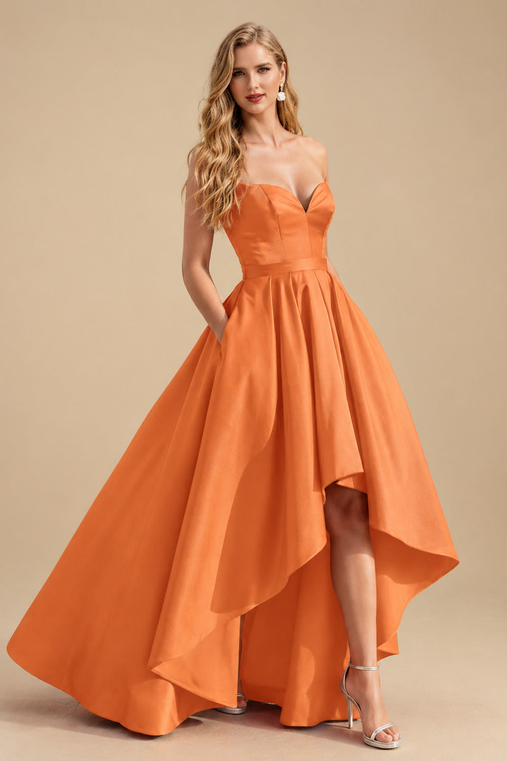 Rutipo Orange Ball-Gown/Princess Sleeveless Strapless Satin Asymmetrical Prom Dress With Pleated
