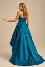 Rutipo Teal Ball-Gown/Princess Sleeveless Strapless Satin Asymmetrical Prom Dress With Pleated