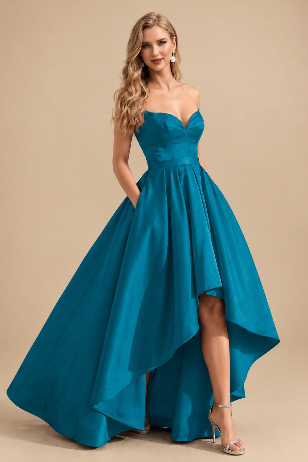 Rutipo Teal Ball-Gown/Princess Sleeveless Strapless Satin Asymmetrical Prom Dress With Pleated