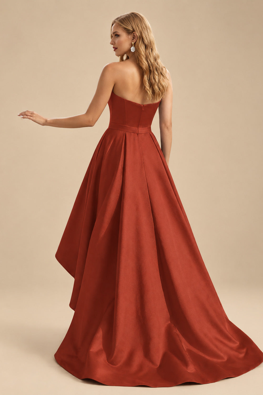 Rutipo Terracotta Ball-Gown/Princess Sleeveless Strapless Satin Asymmetrical Prom Dress With Pleated