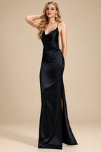 Rutipo Black Sheath/Column Cowl Neck Sleeveless Silk Like Satin Prom Dresses With High Split