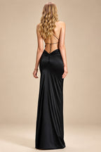Rutipo Black Sheath/Column Cowl Neck Sleeveless Silk Like Satin Prom Dresses With High Split