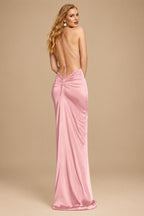 Rutipo Blush Sheath/Column Cowl Neck Sleeveless Silk Like Satin Prom Dresses With High Split