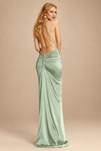 Rutipo Celadon Sheath/Column Cowl Neck Sleeveless Silk Like Satin Prom Dresses With High Split
